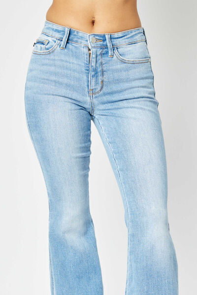 Judy Blue Full Size Mid Rise Raw Hem Slit Flare Women Jeans