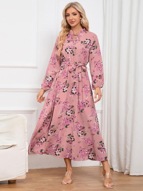 Floral Tie Front Balloon Sleeve Women Dress