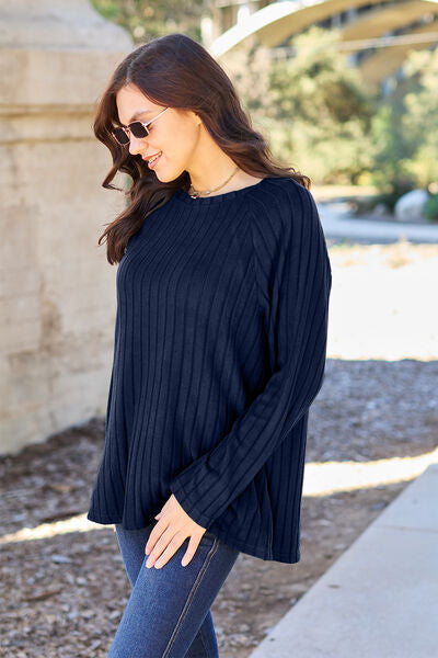 Basic Bae Full Size Ribbed Round Neck Long Sleeve Knit Women Top