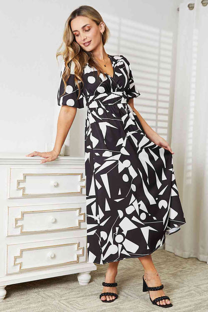 Double Take Printed Surplice Balloon Sleeve Women Dress