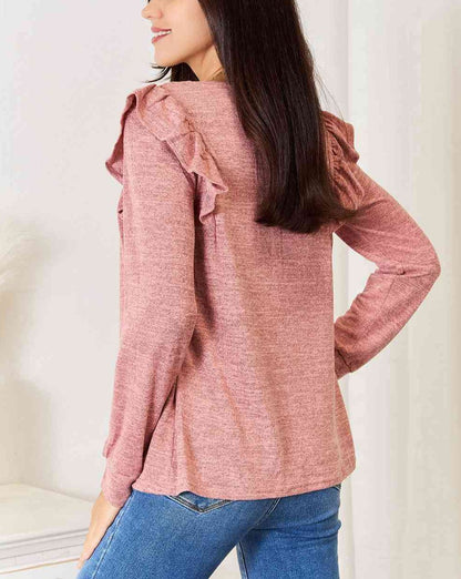 Double Take Square Neck Ruffle Shoulder Long Sleeve Women T-Shirt