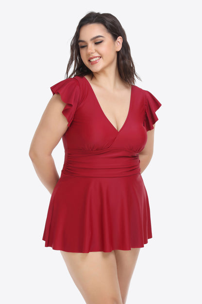 Plus Size Ruffled Plunge Swim Dress and Bottoms Set - Zara-Craft