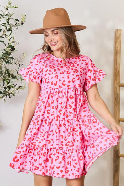 Double Take Short Flounce Sleeve Tiered Women Dress