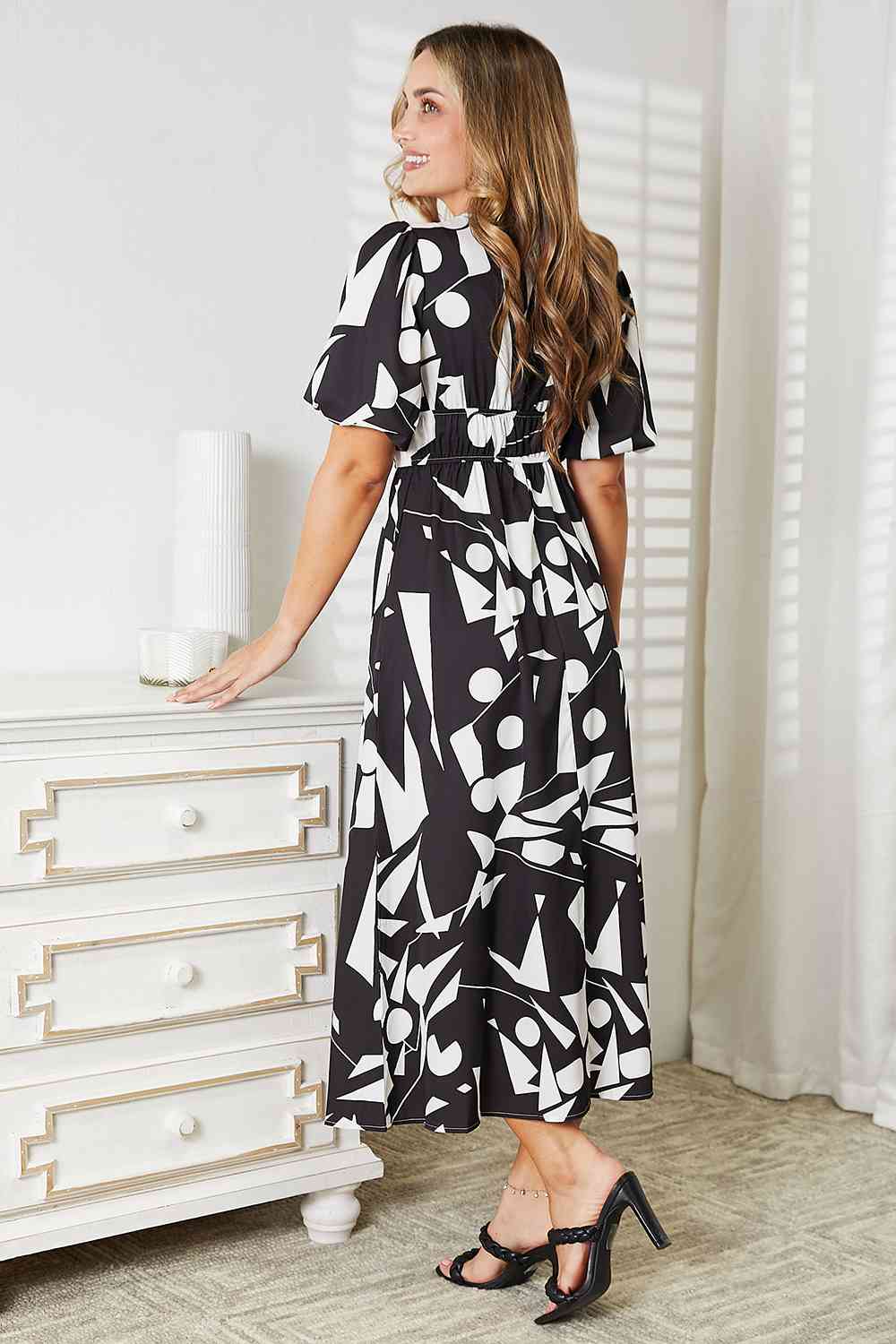 Double Take Printed Surplice Balloon Sleeve Women Dress