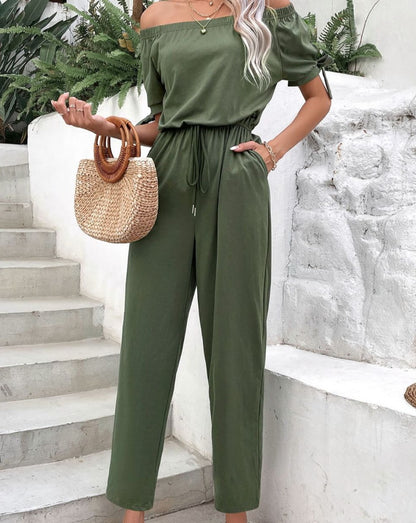 Off-Shoulder Tie Cuff Women Jumpsuit with Pockets