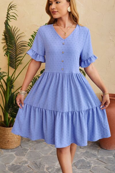 Swiss Dot Ruffled V-Neck Tiered Women Dress